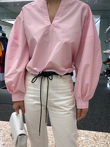Balloon sleeve blouse with drawstring hem (Pink)