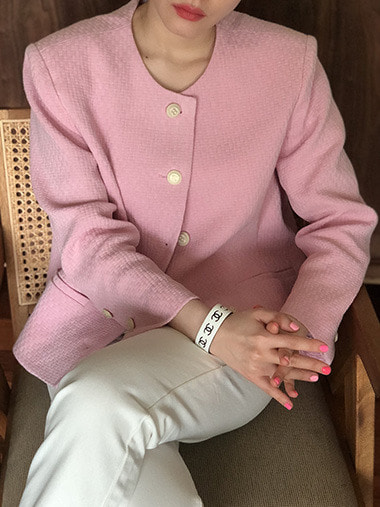 Linen tweed collarless jacket (Pink)